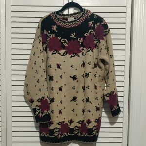 Classic Elements Floral Knit Sweater - Black and Cream with Burgundy Accents
